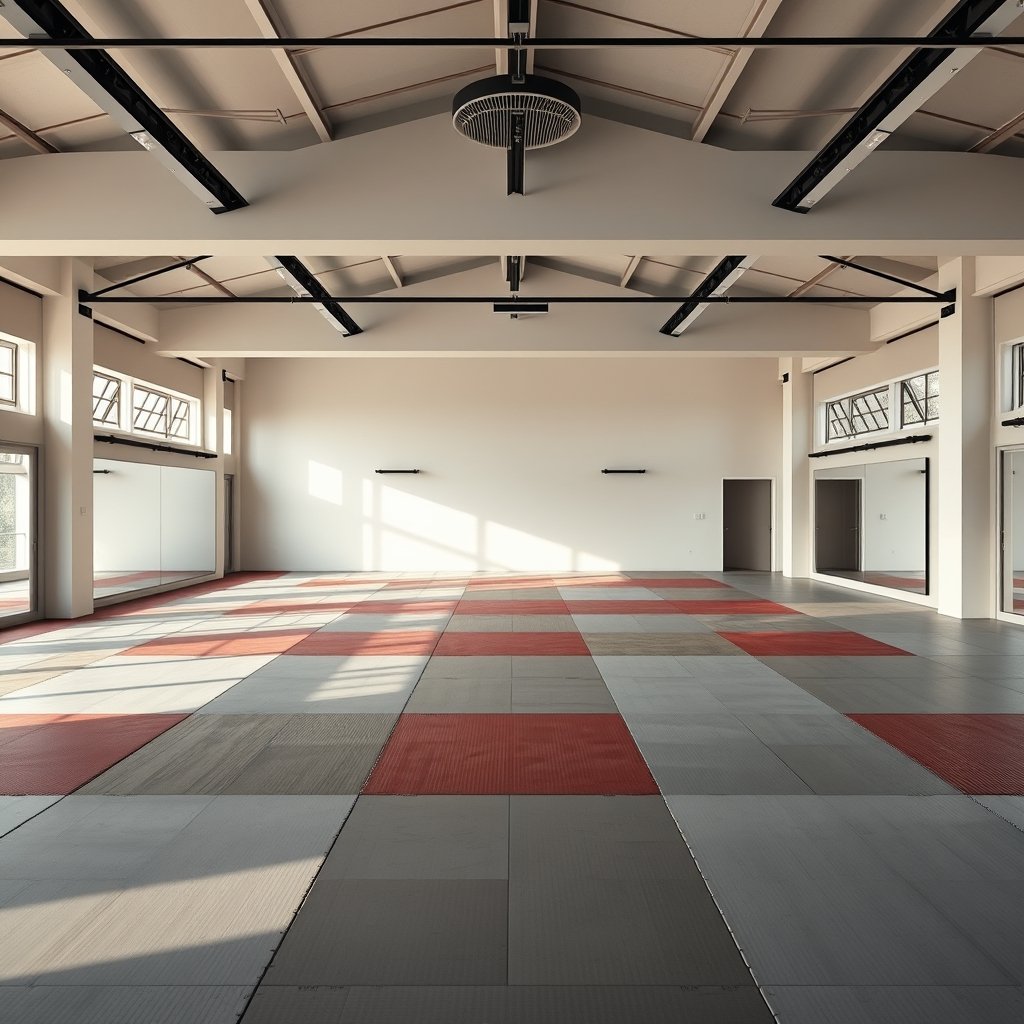 Open dojo training floor with mats and mirrors