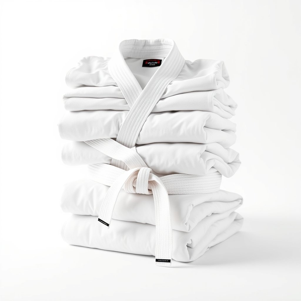 Folded white karate gi uniforms with belts