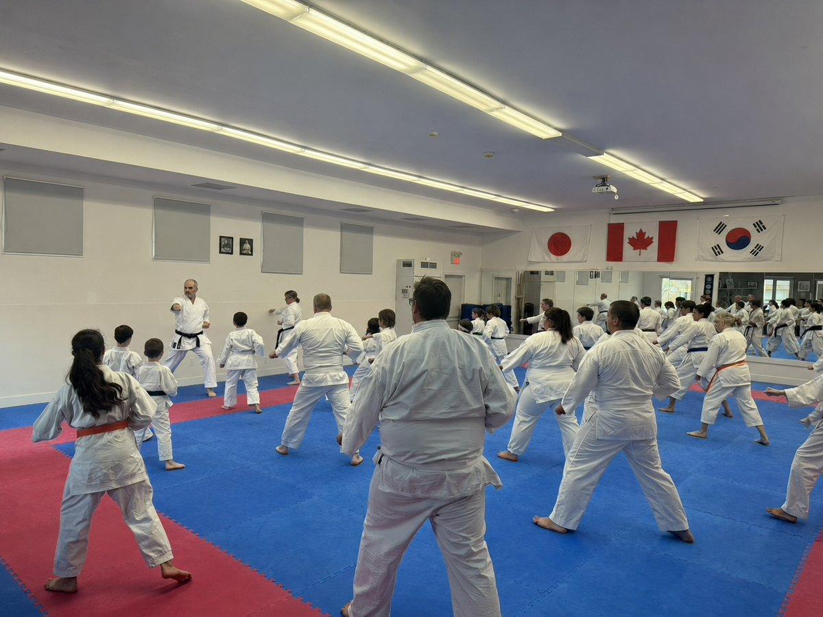 Inside the dojo — a full karate class of all ages training on the mat, with the Japan, Canada, and Korea flags on the wall