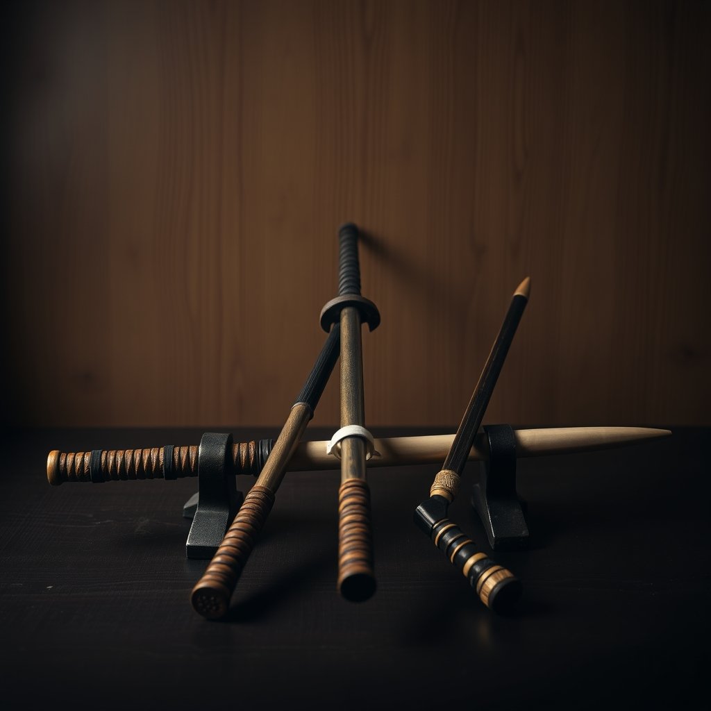 Traditional karate training weapons: bo staff, sai, nunchaku